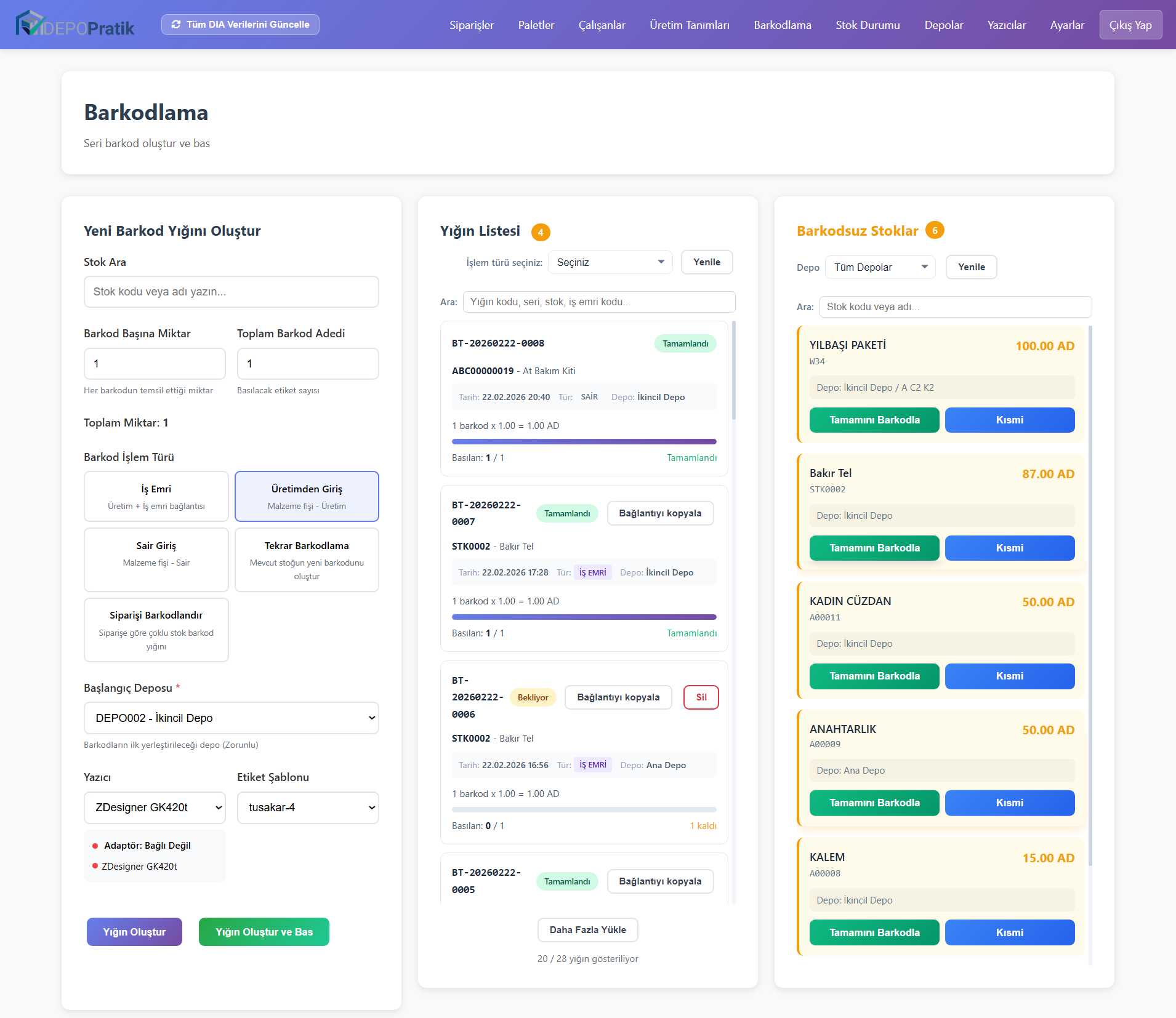 Barkodlama sayfası ekran görüntüsü
