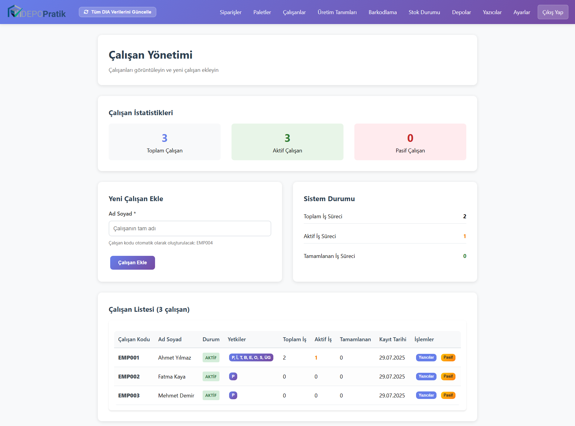 Çalışanlar listesi ekran görüntüsü
