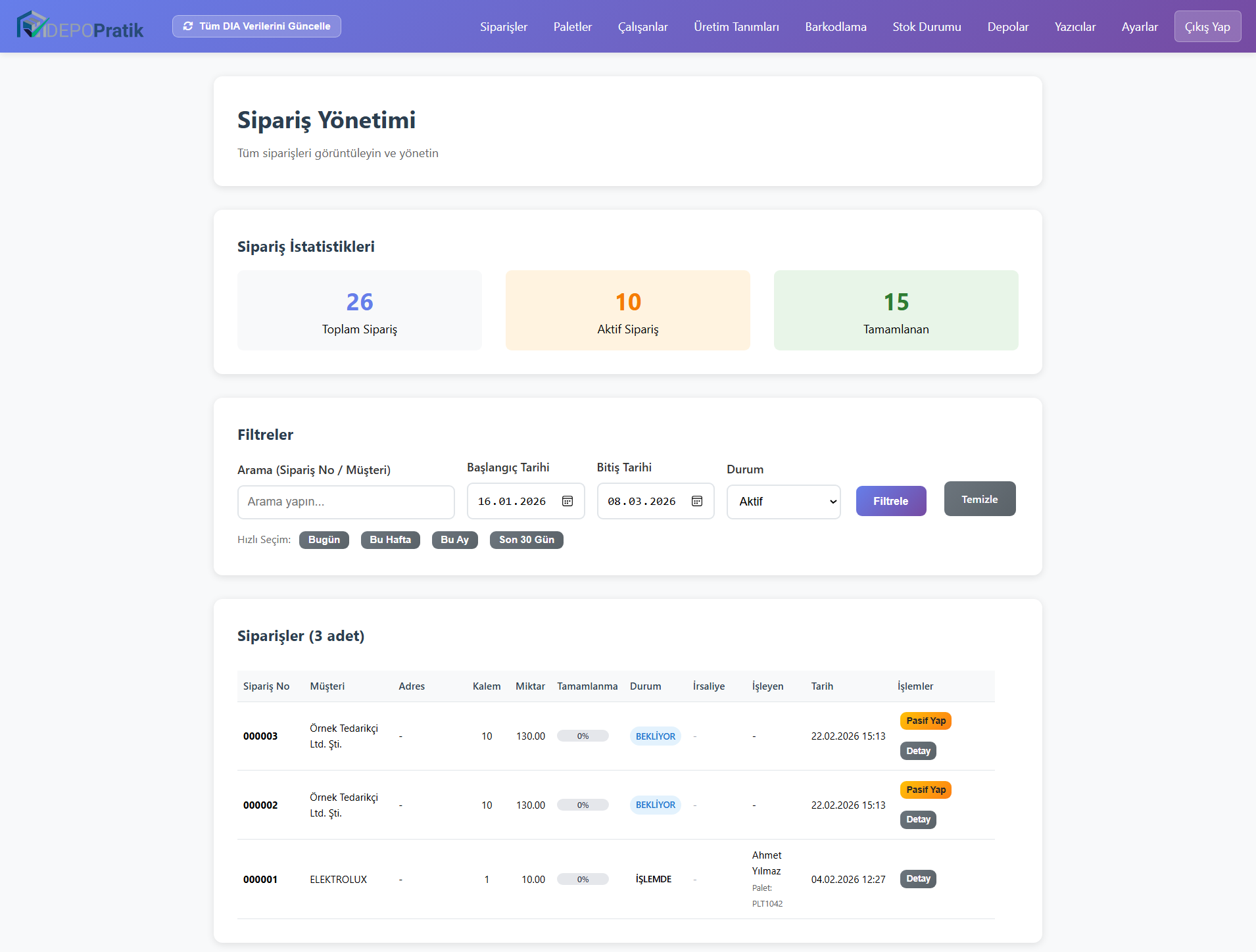Siparişler listesi ekran görüntüsü