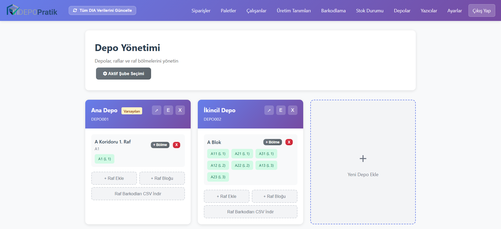 Depo yönetimi sayfası ekran görüntüsü