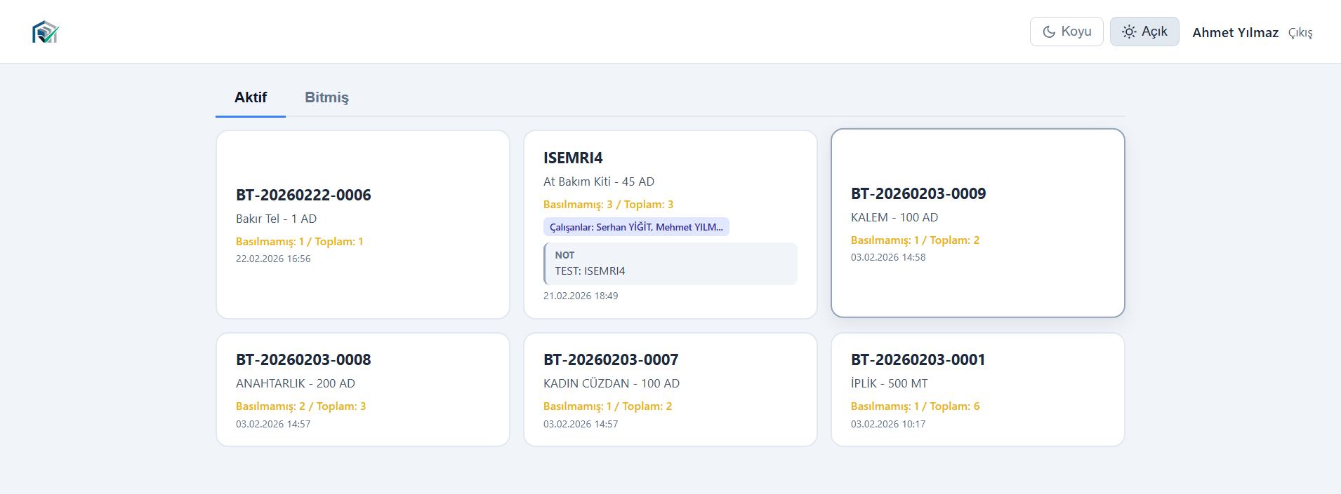 İş emri ekranı ekran görüntüsü