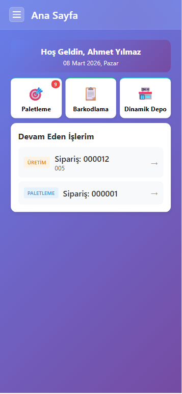 Mobil ana sayfa ve modül kartları ekran görüntüsü
